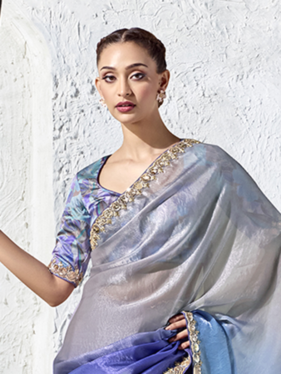 GreyBlue Premium Luxe Silk Organza Embroidery Sequins Wedding Reception Party Festival Casual Heavy Border Sarees