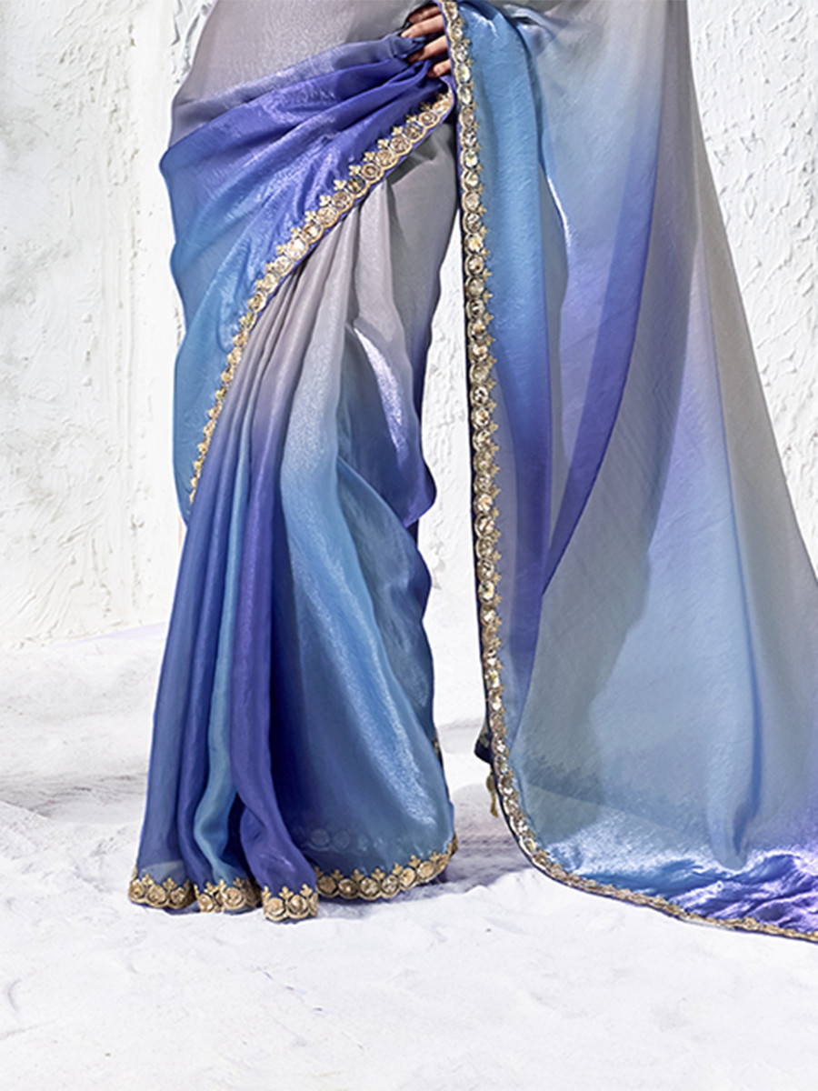 GreyBlue Premium Luxe Silk Organza Embroidery Sequins Wedding Reception Party Festival Casual Heavy Border Sarees