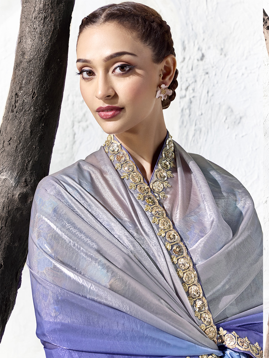 GreyBlue Premium Luxe Silk Organza Embroidery Sequins Wedding Reception Party Festival Casual Heavy Border Sarees