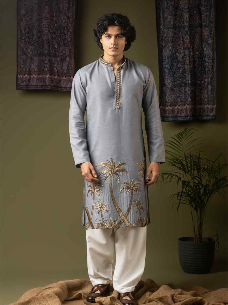 Greyish Blue Linen Embroidery Festival Wedding Party Mens Kurta