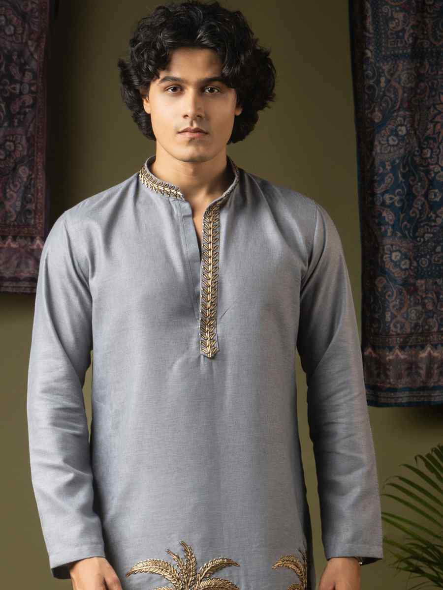 Greyish Blue Linen Embroidery Festival Wedding Party Mens Kurta