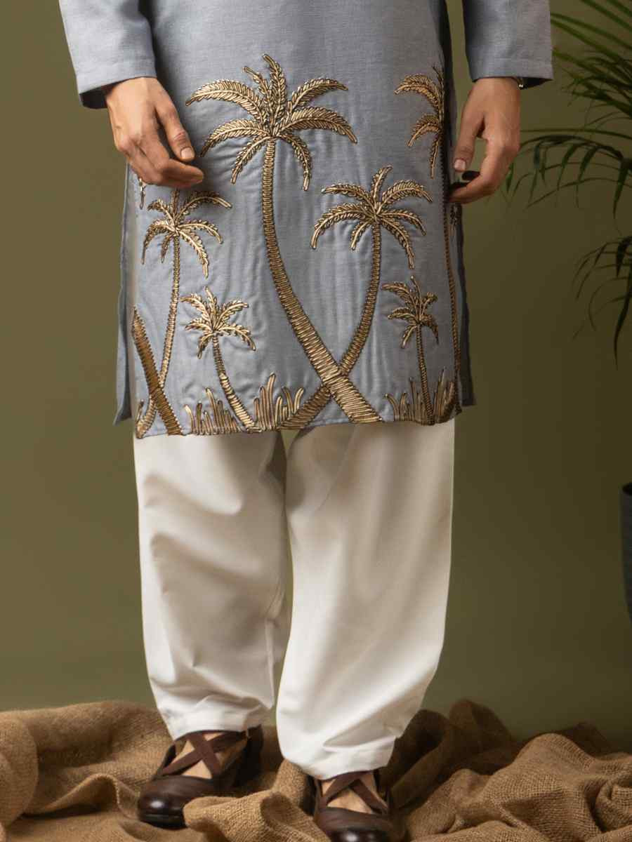Greyish Blue Linen Embroidery Festival Wedding Party Mens Kurta