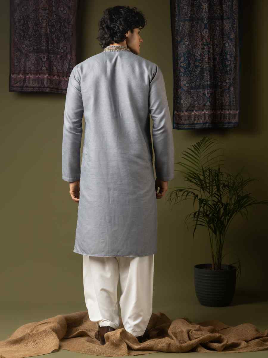 Greyish Blue Linen Embroidery Festival Wedding Party Mens Kurta