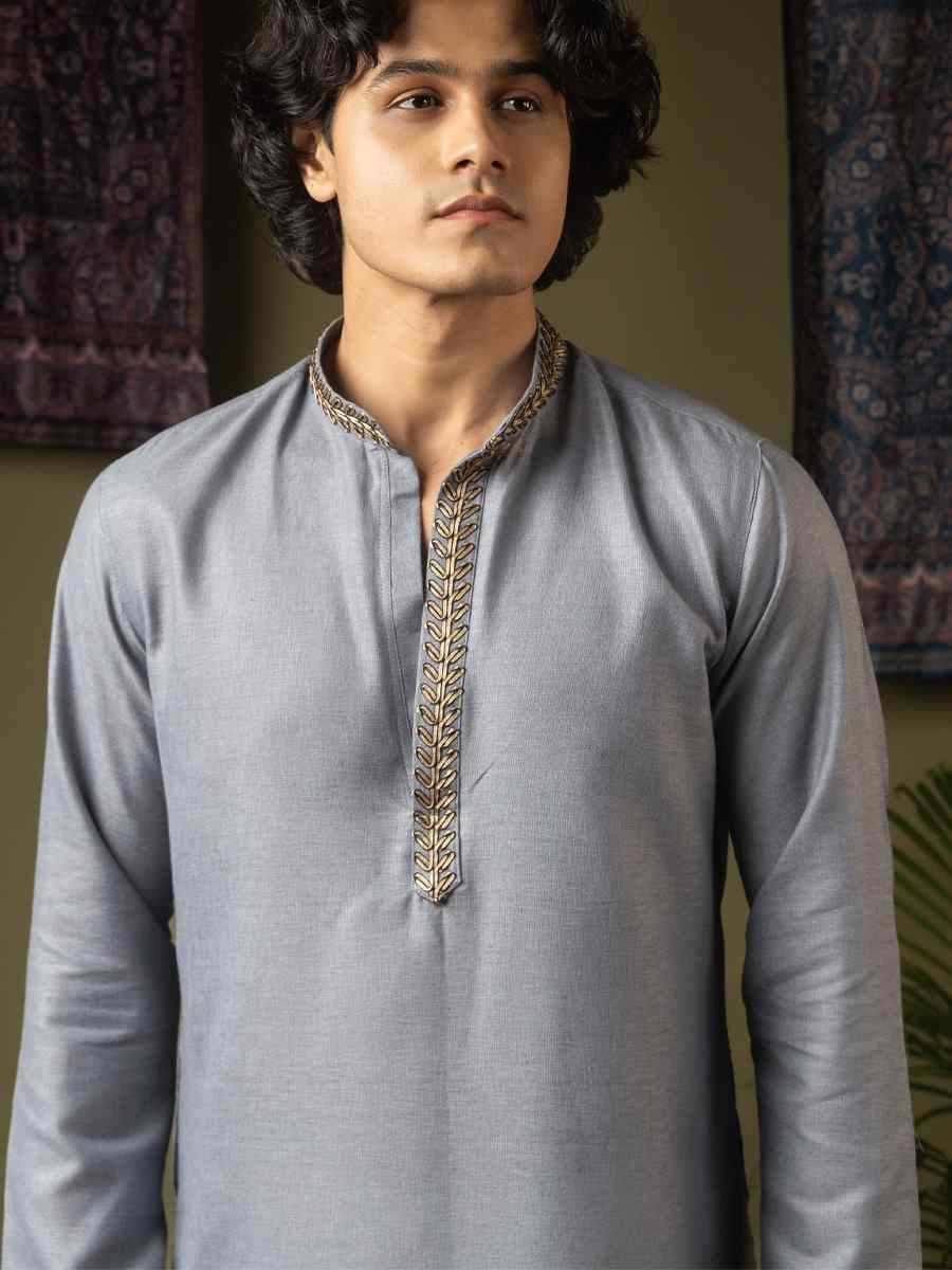 Greyish Blue Linen Embroidery Festival Wedding Party Mens Kurta