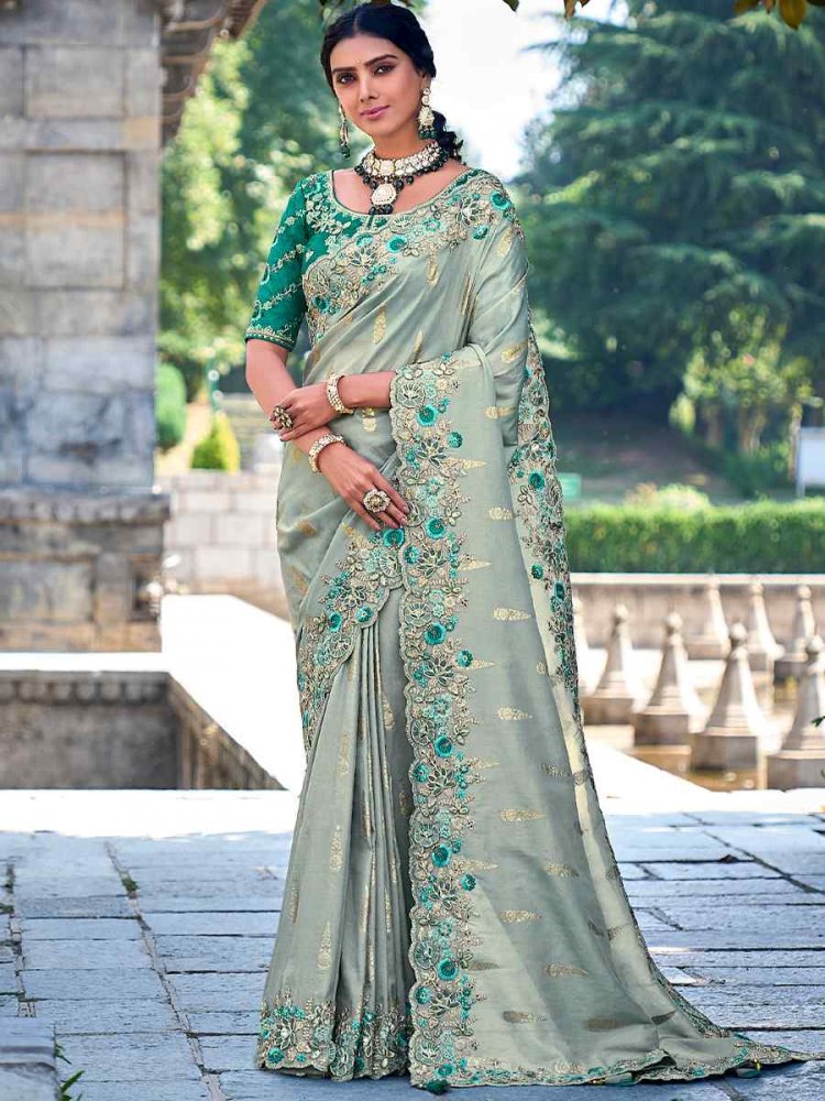 Greyish Green Banarasi Silk Embroidered Wedding Festival Heavy Border Saree
