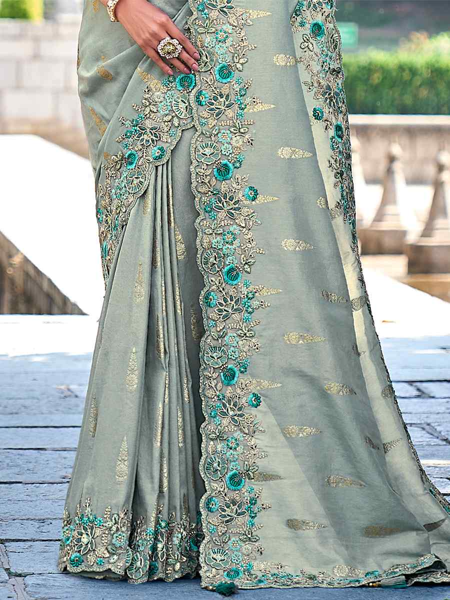 Greyish Green Banarasi Silk Embroidered Wedding Festival Heavy Border Saree