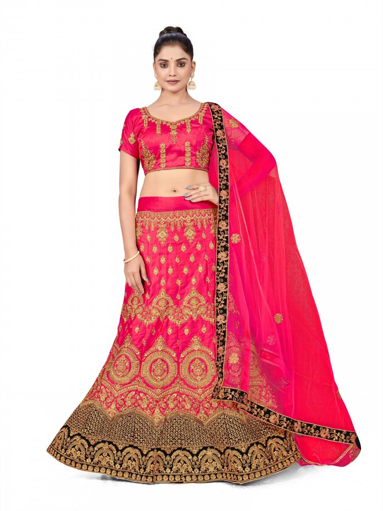 Pink Silk Satin Velvet Net Embroidered Festival Wedding Heavy Border Lehenga Choli