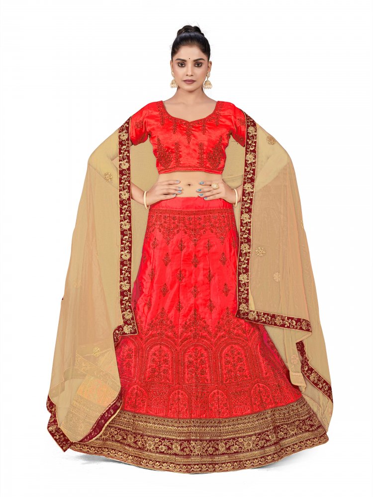 Rust Silk Satin Velvet Net Embroidered Festival Wedding Heavy Border Lehenga Choli