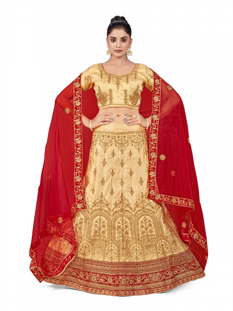 Beige Silk Satin Velvet Net Embroidered Festival Wedding Heavy Border Lehenga Choli