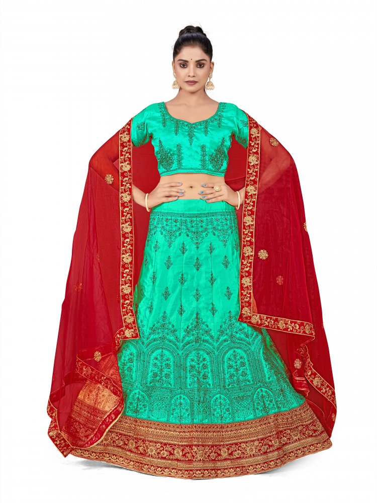 Sea Green Silk Satin Velvet Net Embroidered Festival Wedding Heavy Border Lehenga Choli