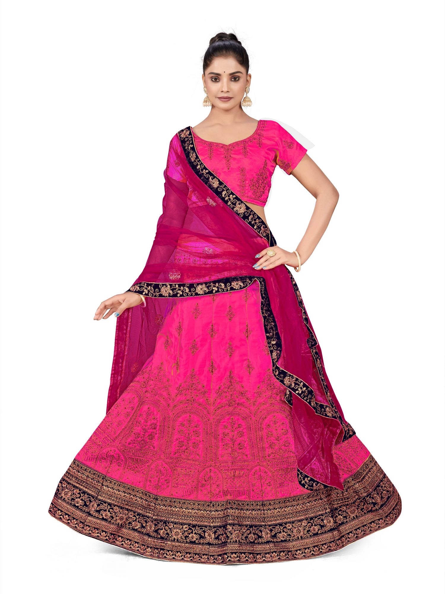 Pink Silk Satin Velvet Net Embroidered Festival Wedding Heavy Border Lehenga Choli