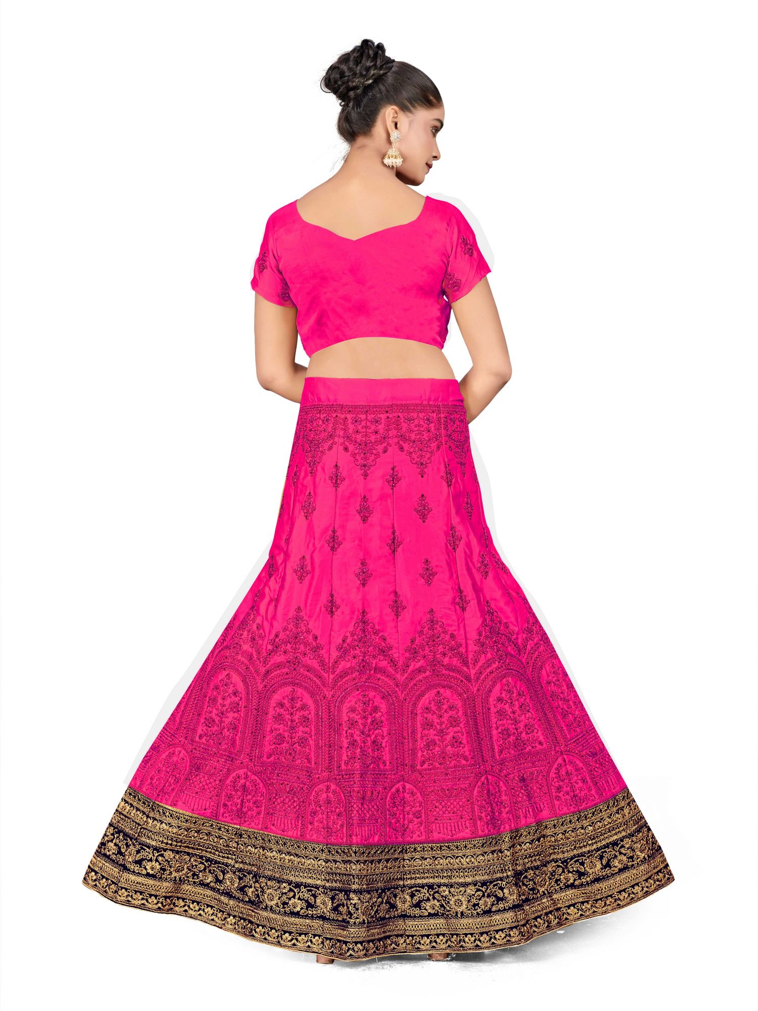 Pink Silk Satin Velvet Net Embroidered Festival Wedding Heavy Border Lehenga Choli