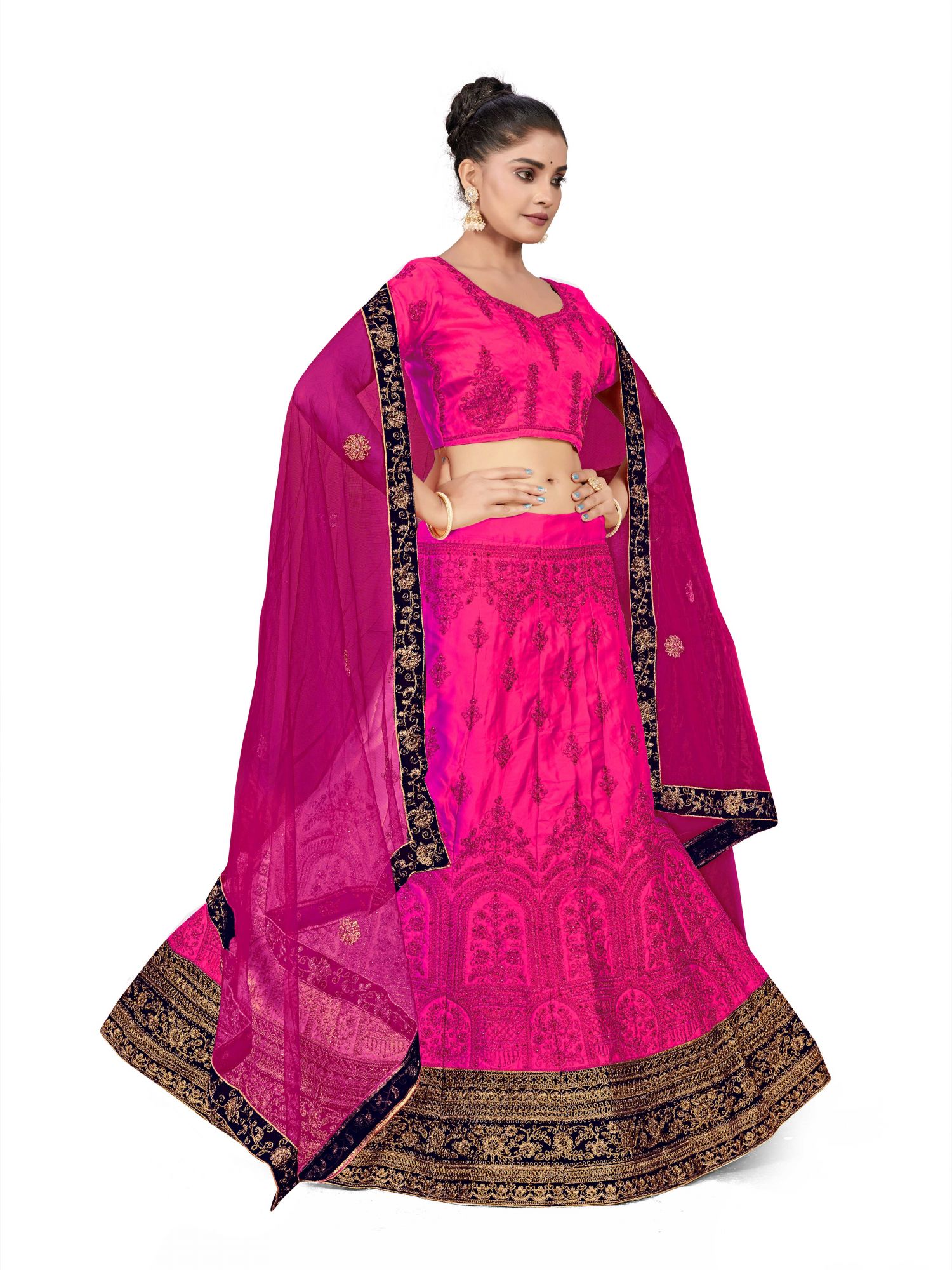 Pink Silk Satin Velvet Net Embroidered Festival Wedding Heavy Border Lehenga Choli