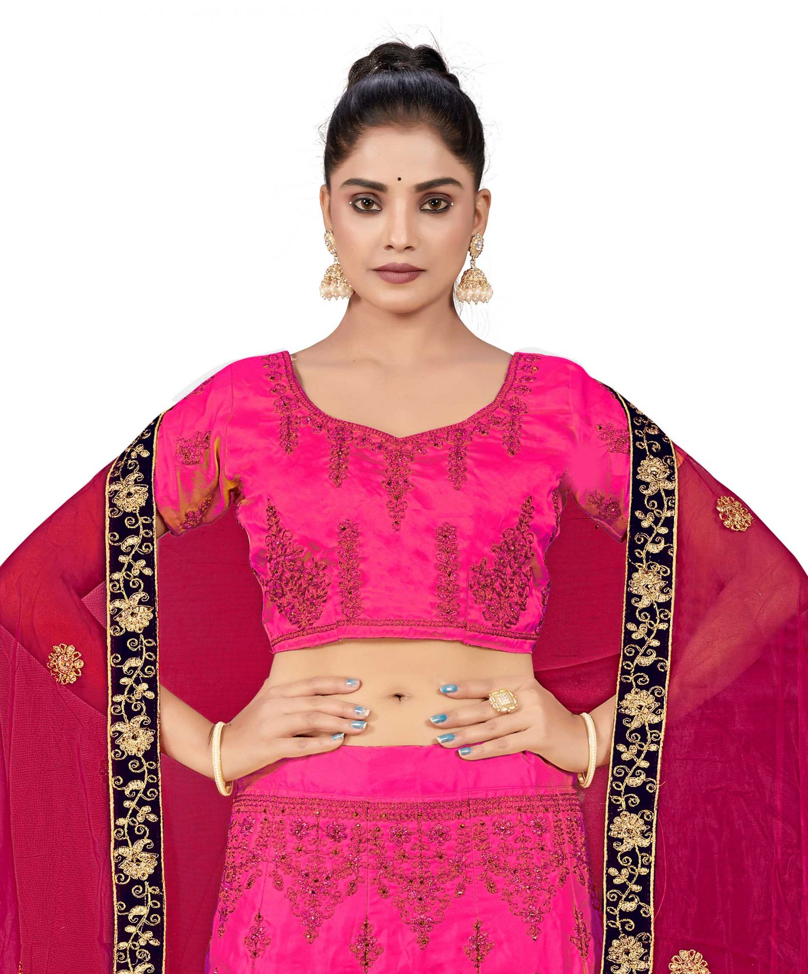 Pink Silk Satin Velvet Net Embroidered Festival Wedding Heavy Border Lehenga Choli