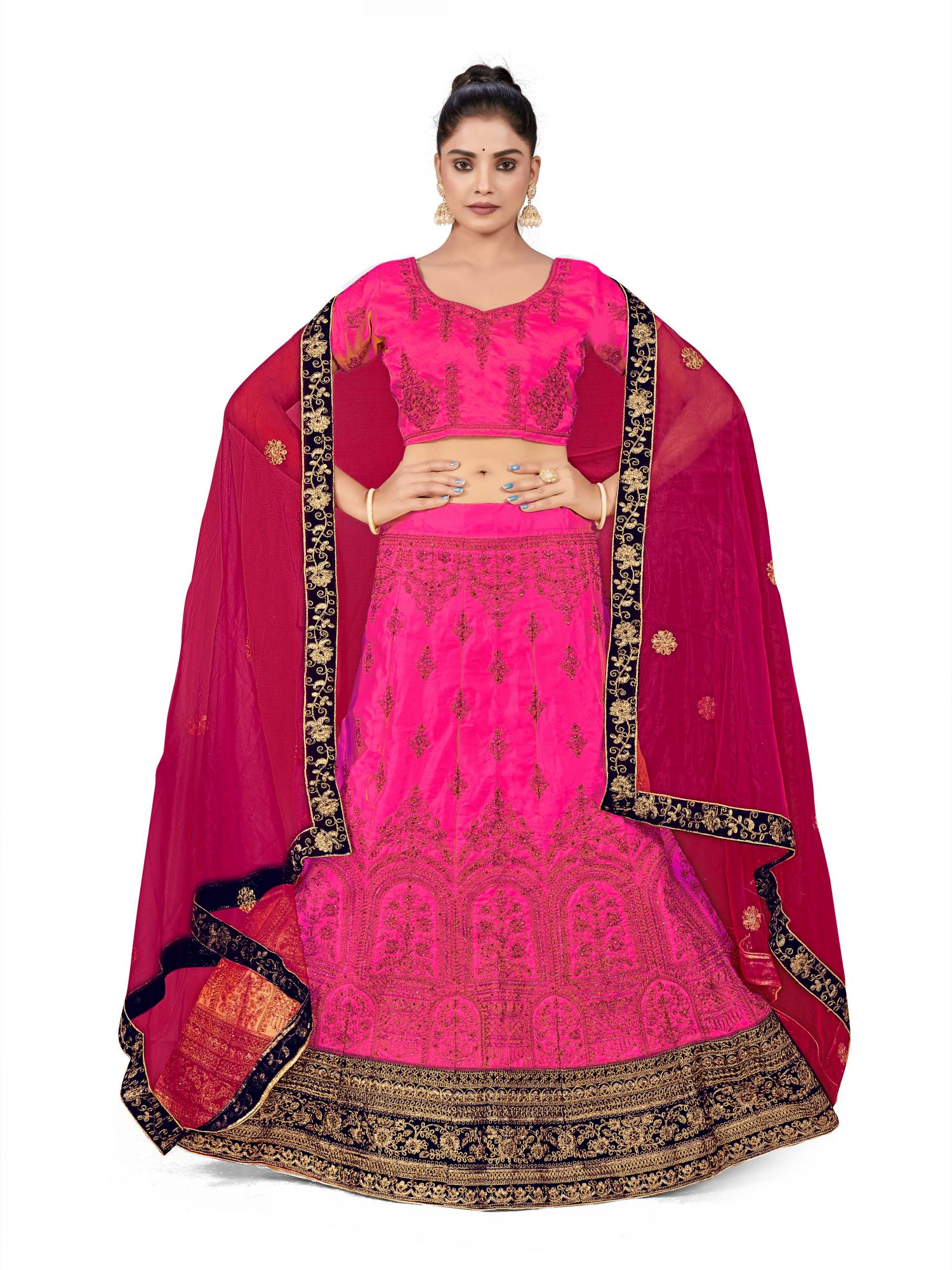 Pink Silk Satin Velvet Net Embroidered Festival Wedding Heavy Border Lehenga Choli