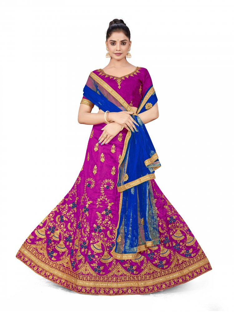 Purple Silk Satin Net Embroidered Festival Wedding Heavy Border Lehenga Choli