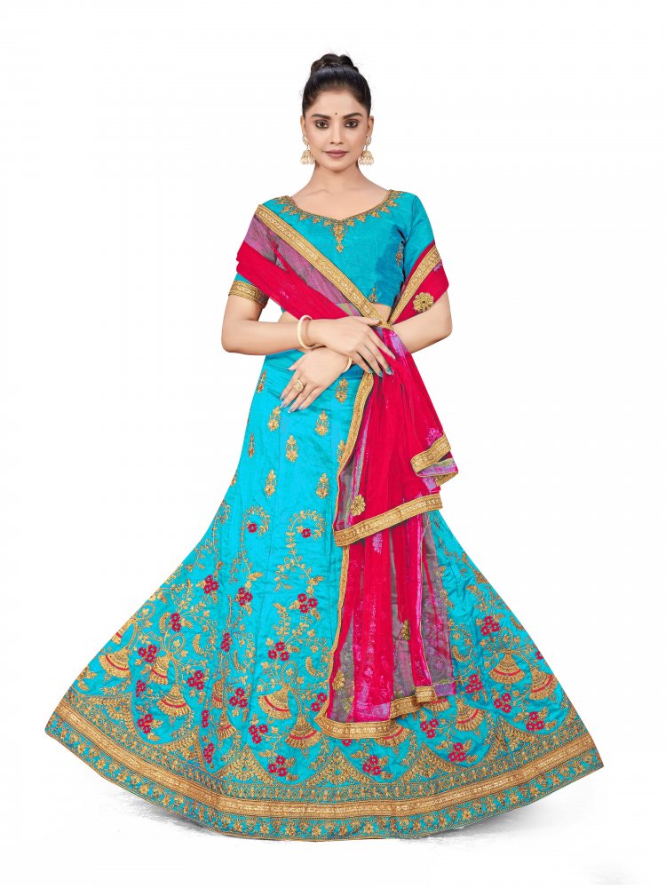 Sky Blue Silk Satin Net Embroidered Festival Wedding Heavy Border Lehenga Choli