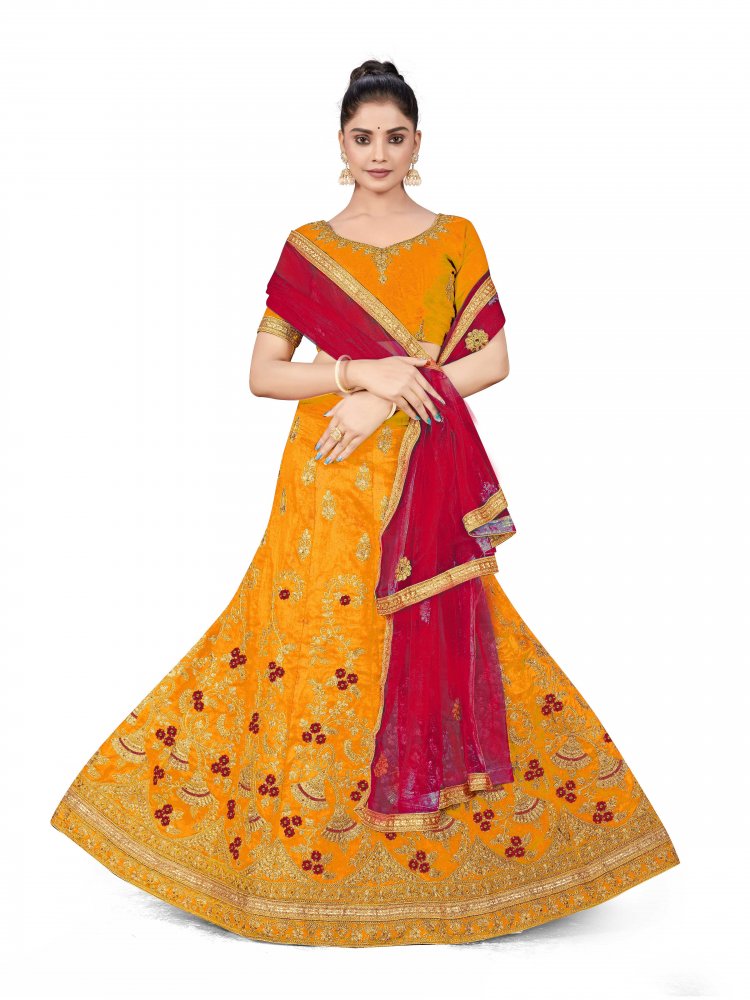 Yellow Silk Satin Net Embroidered Festival Wedding Heavy Border Lehenga Choli