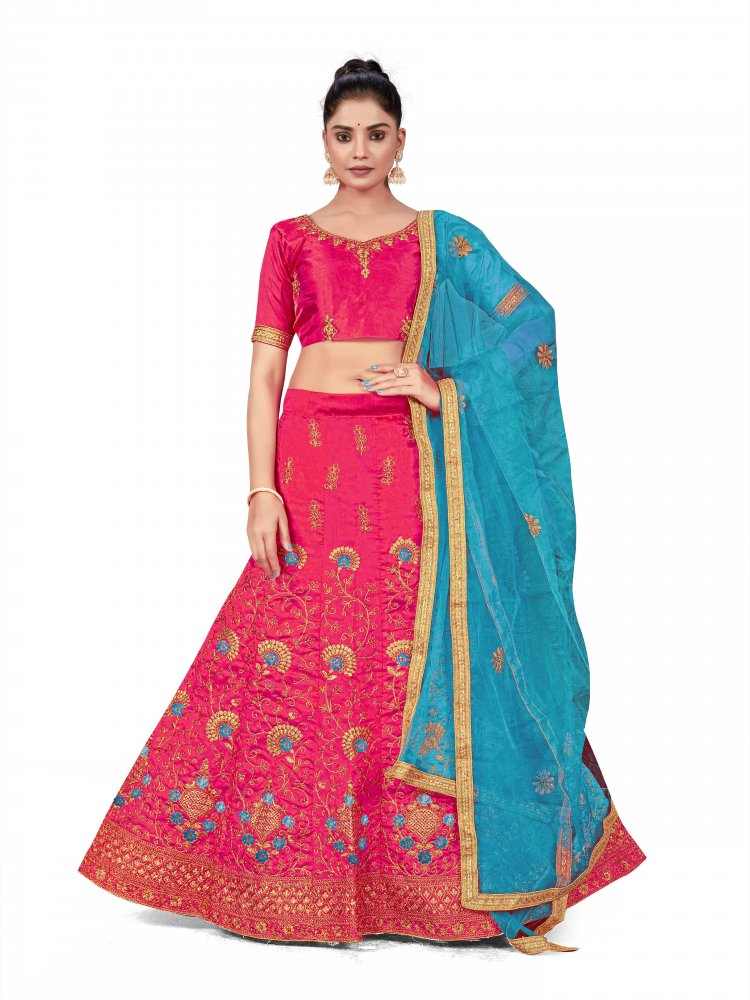 Pink Silk Satin Net Embroidered Festival Wedding Heavy Border Lehenga Choli