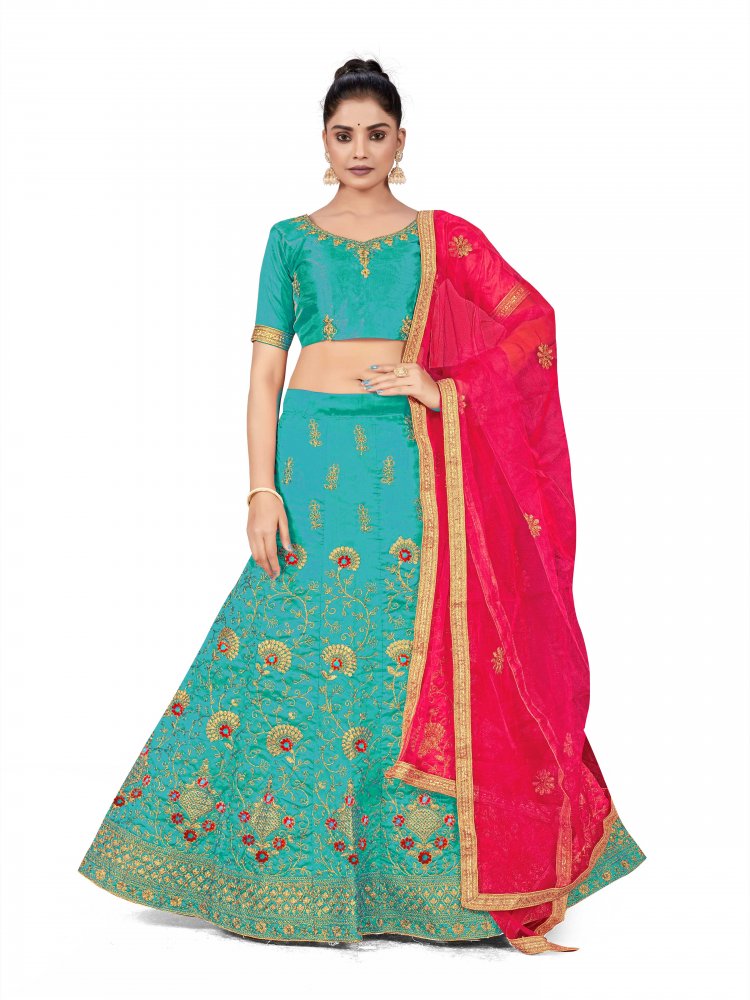 Sky Blue Silk Satin Net Embroidered Festival Wedding Heavy Border Lehenga Choli