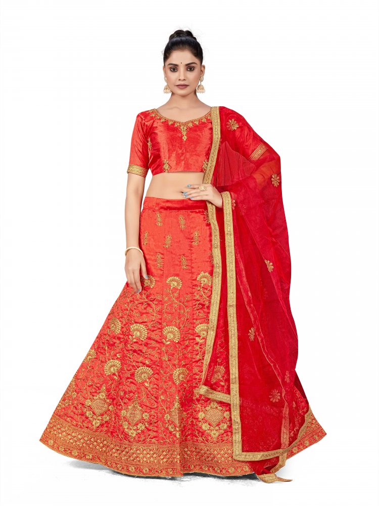 Rust Silk Satin Net Embroidered Festival Wedding Heavy Border Lehenga Choli