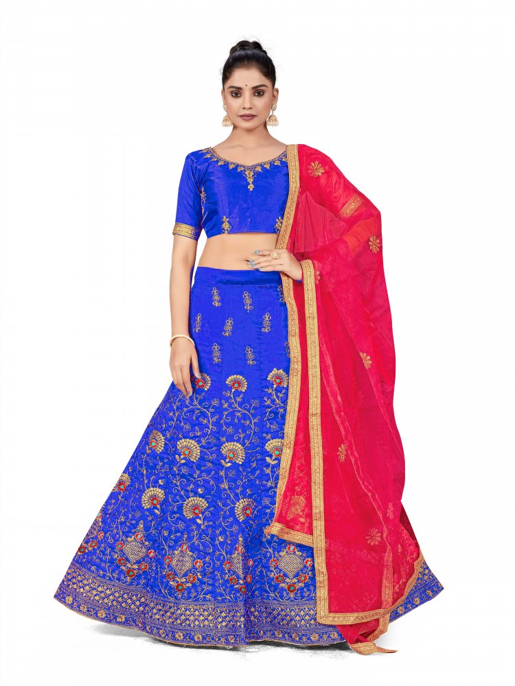 Blue Silk Satin Net Embroidered Festival Wedding Heavy Border Lehenga Choli
