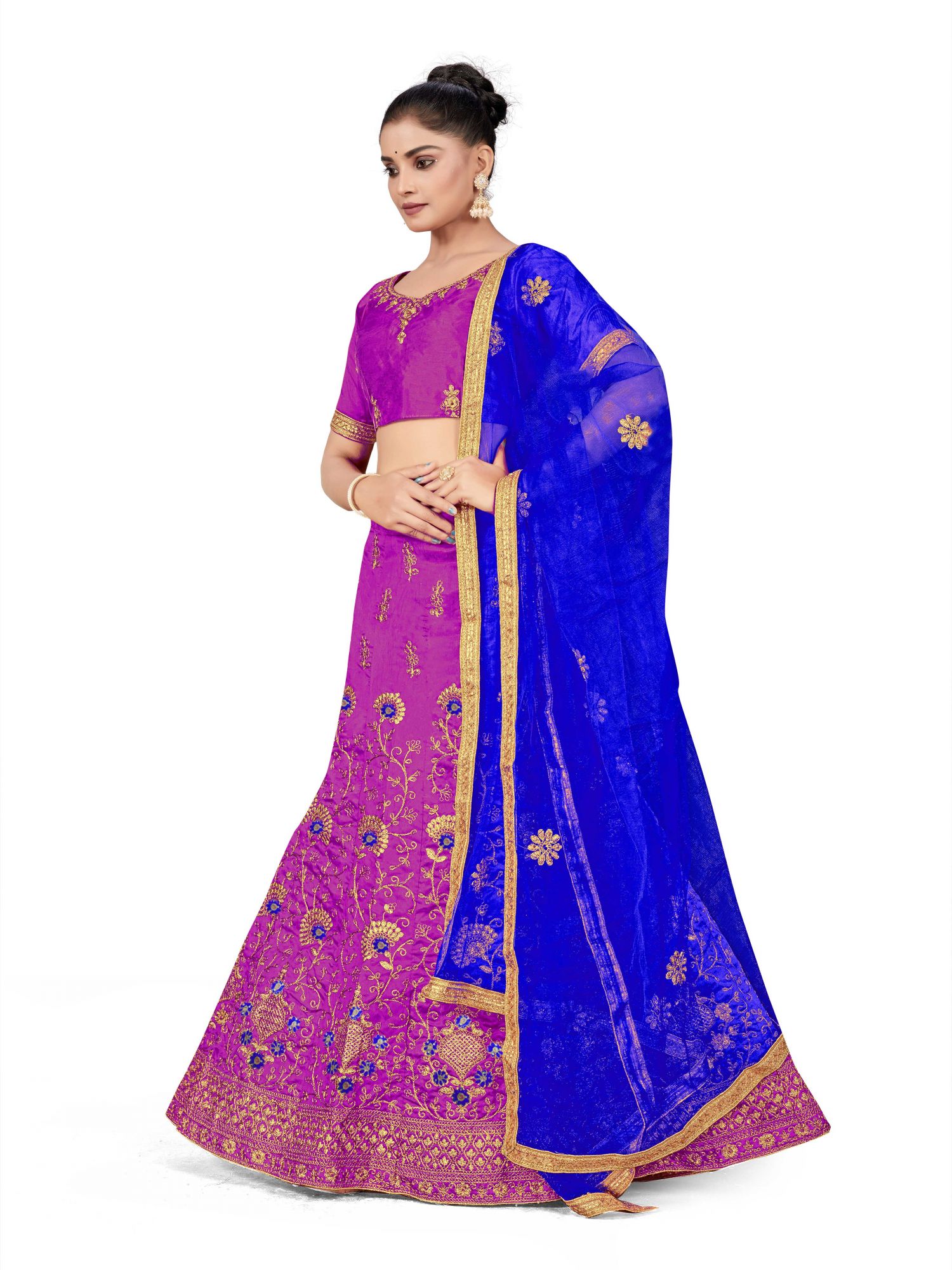Purple Silk Satin Net Embroidered Festival Wedding Heavy Border Lehenga Choli
