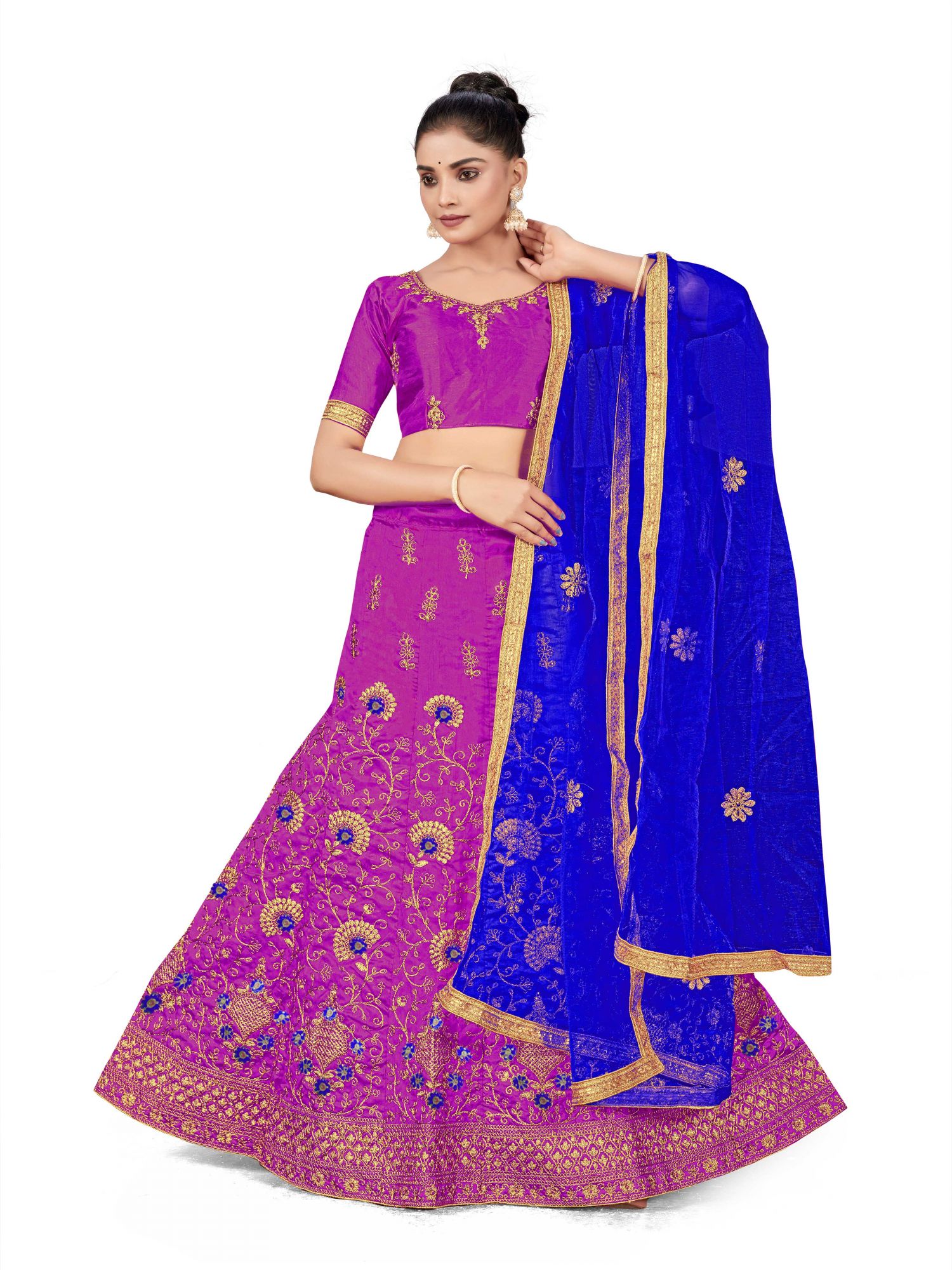 Purple Silk Satin Net Embroidered Festival Wedding Heavy Border Lehenga Choli
