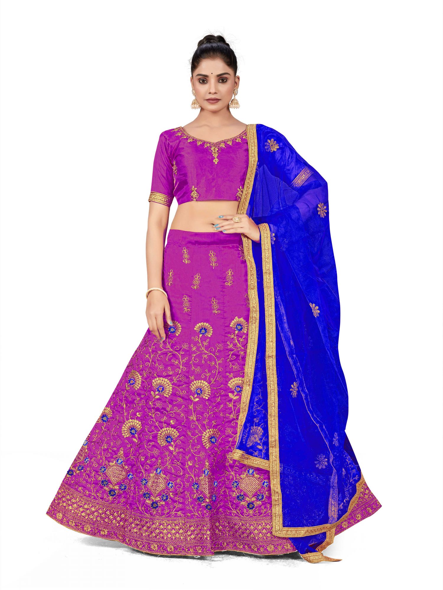 Purple Silk Satin Net Embroidered Festival Wedding Heavy Border Lehenga Choli