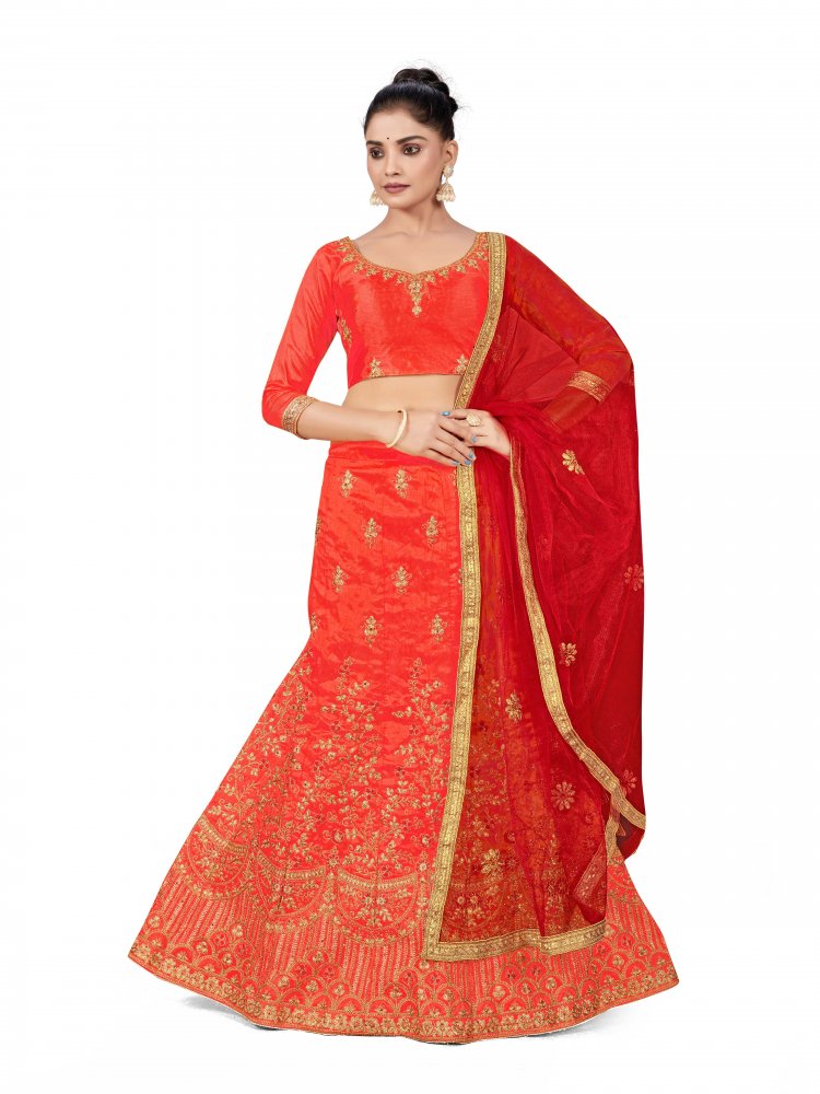 Rust Silk Satin Net Embroidered Festival Wedding Heavy Border Lehenga Choli