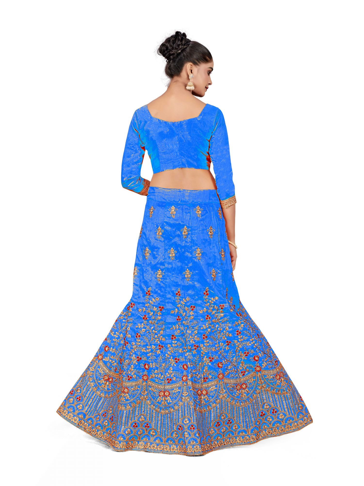 Sky Blue Silk Satin Net Embroidered Festival Wedding Heavy Border Lehenga Choli