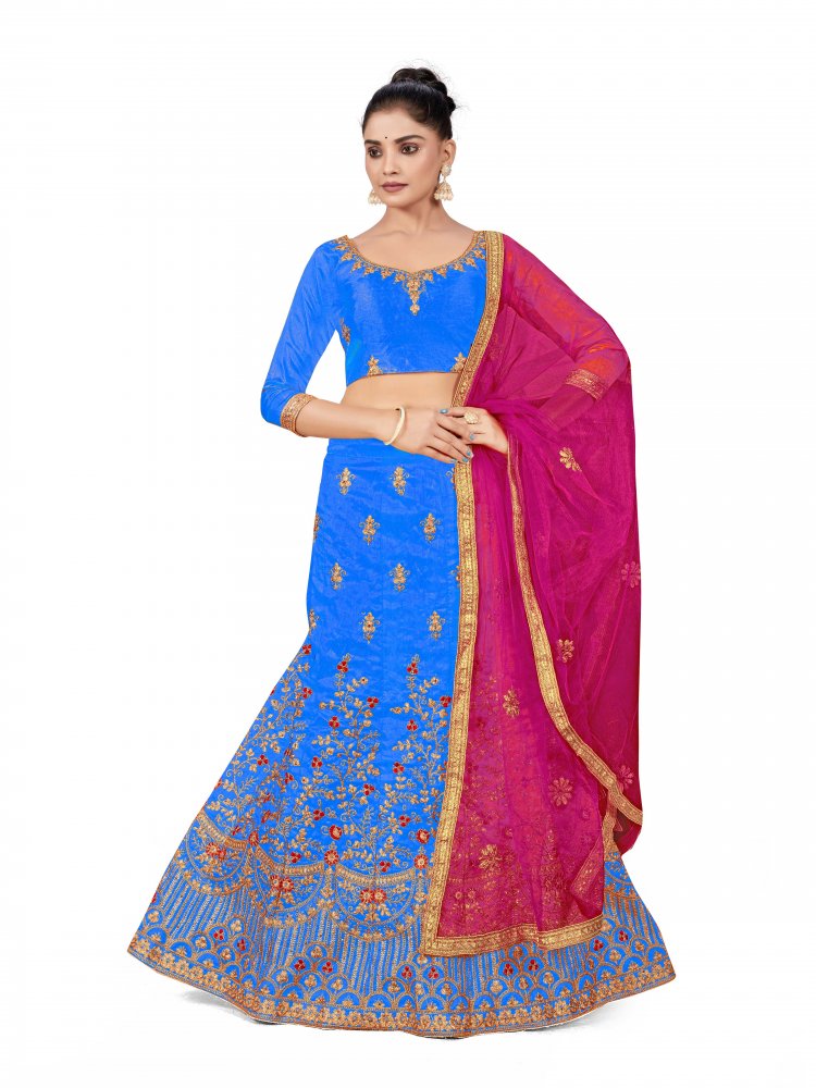 Sky Blue Silk Satin Net Embroidered Festival Wedding Heavy Border Lehenga Choli