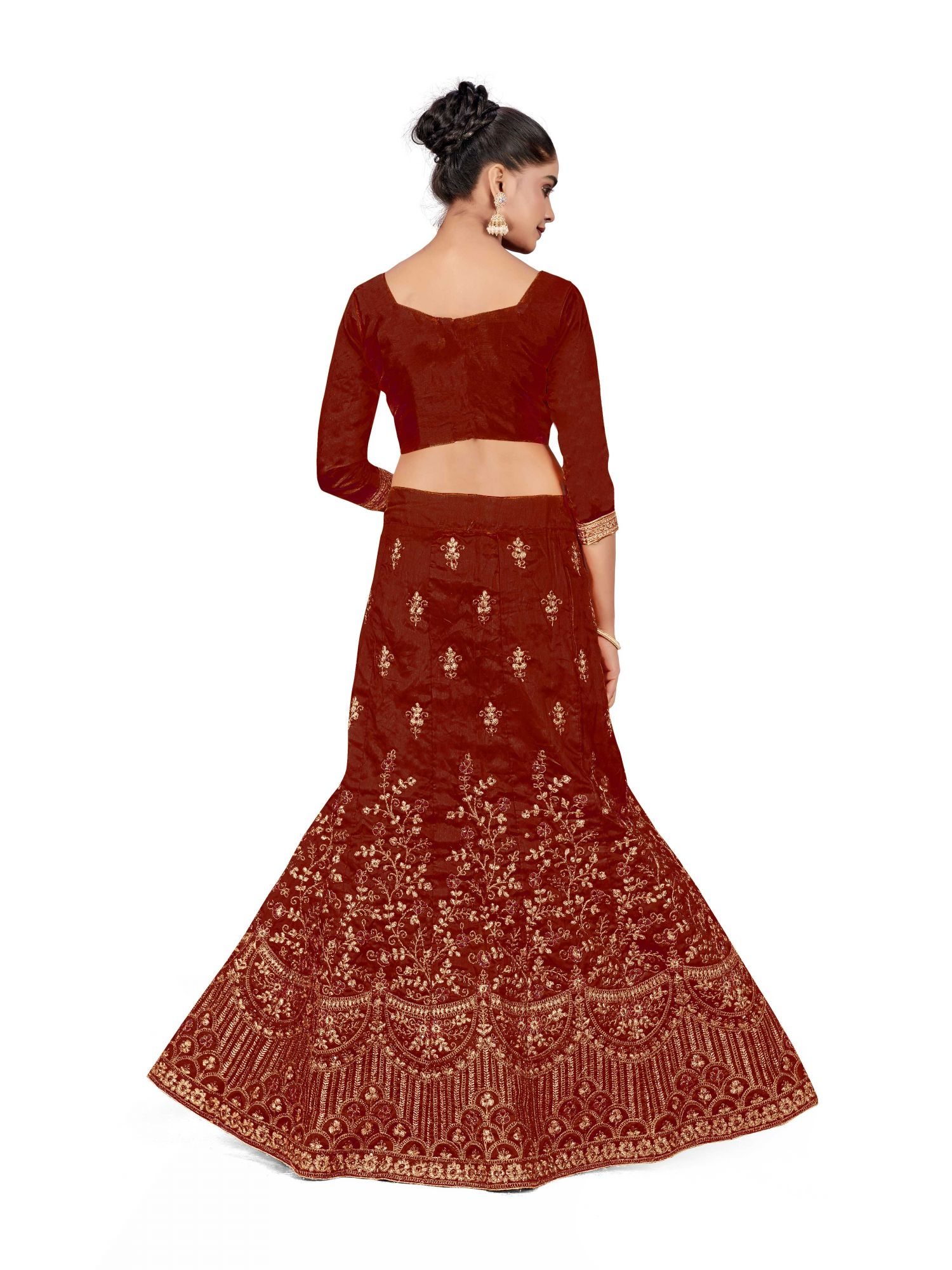 Maroon Silk Satin Net Embroidered Festival Wedding Heavy Border Lehenga Choli