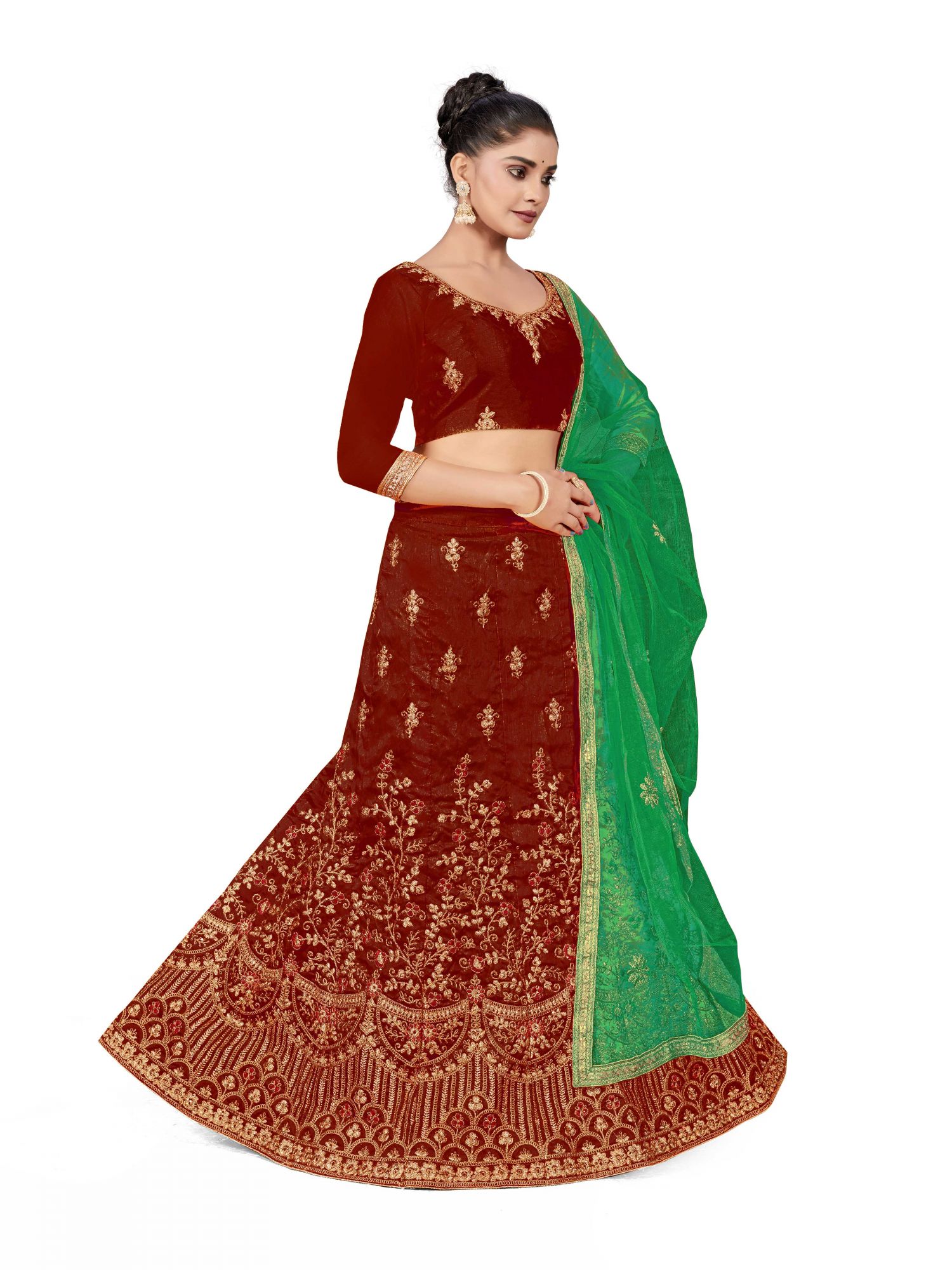 Maroon Silk Satin Net Embroidered Festival Wedding Heavy Border Lehenga Choli