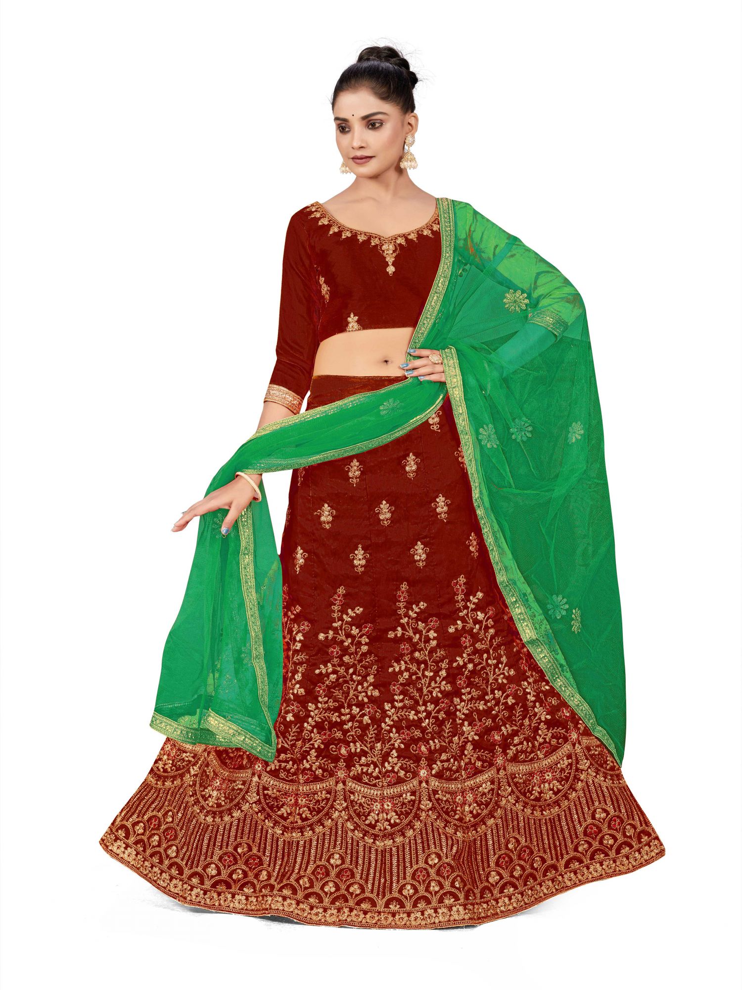 Maroon Silk Satin Net Embroidered Festival Wedding Heavy Border Lehenga Choli