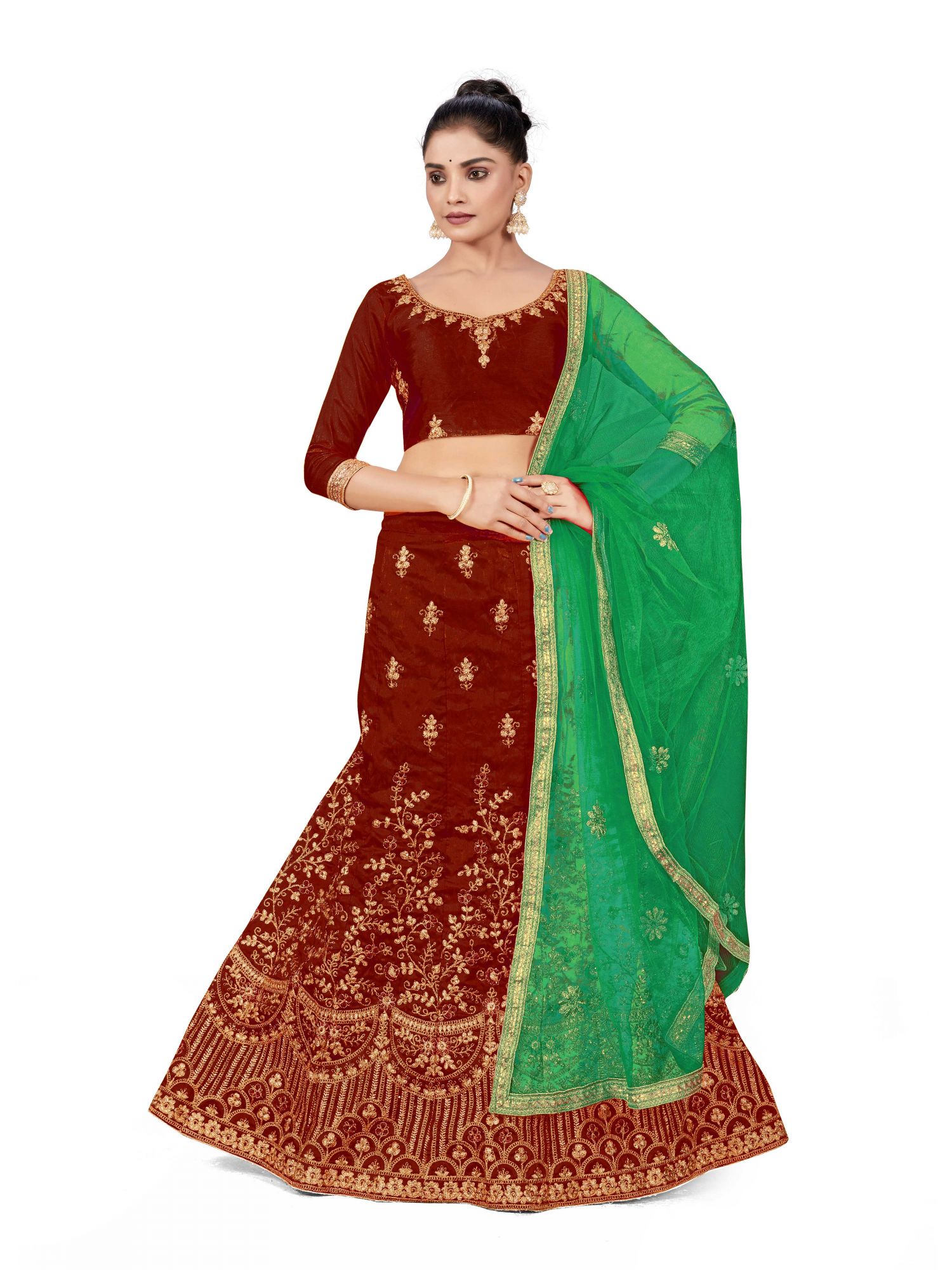 Maroon Silk Satin Net Embroidered Festival Wedding Heavy Border Lehenga Choli