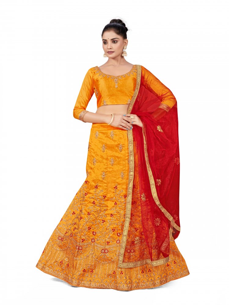 Yellow Silk Satin Net Embroidered Festival Wedding Heavy Border Lehenga Choli