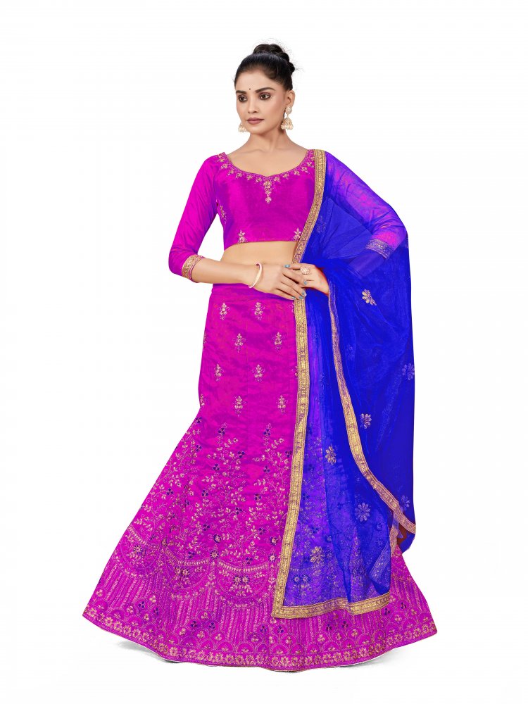 Purple Silk Satin Net Embroidered Festival Wedding Heavy Border Lehenga Choli