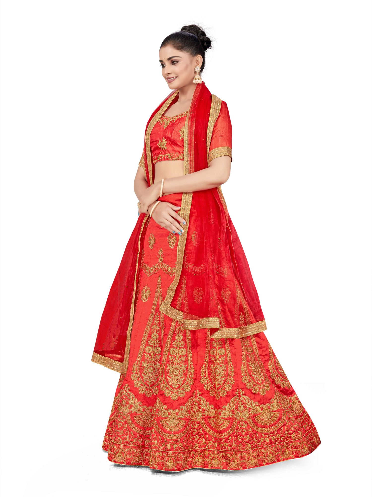 Rust Silk Satin Net Embroidered Festival Wedding Heavy Border Lehenga Choli