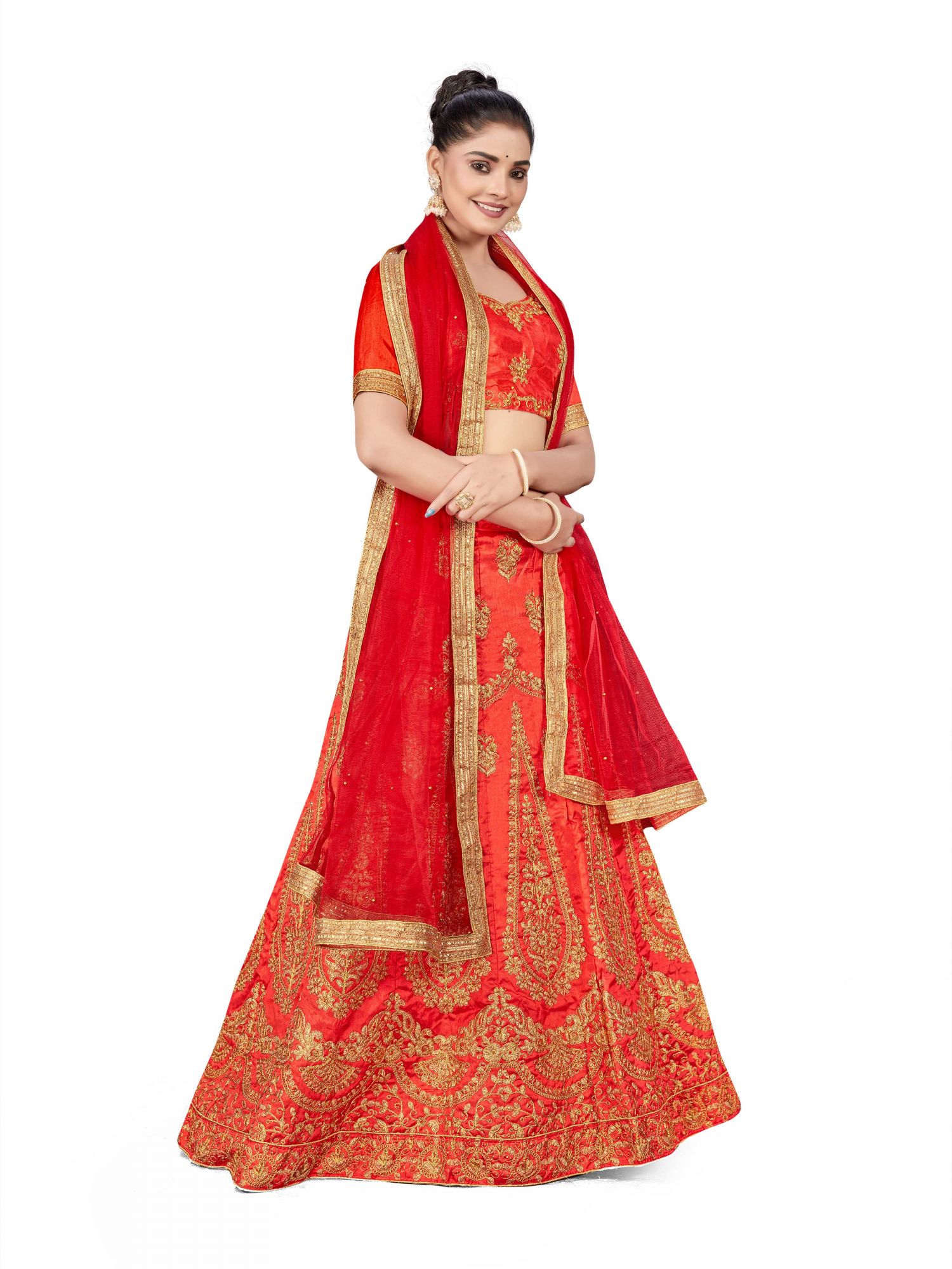 Rust Silk Satin Net Embroidered Festival Wedding Heavy Border Lehenga Choli