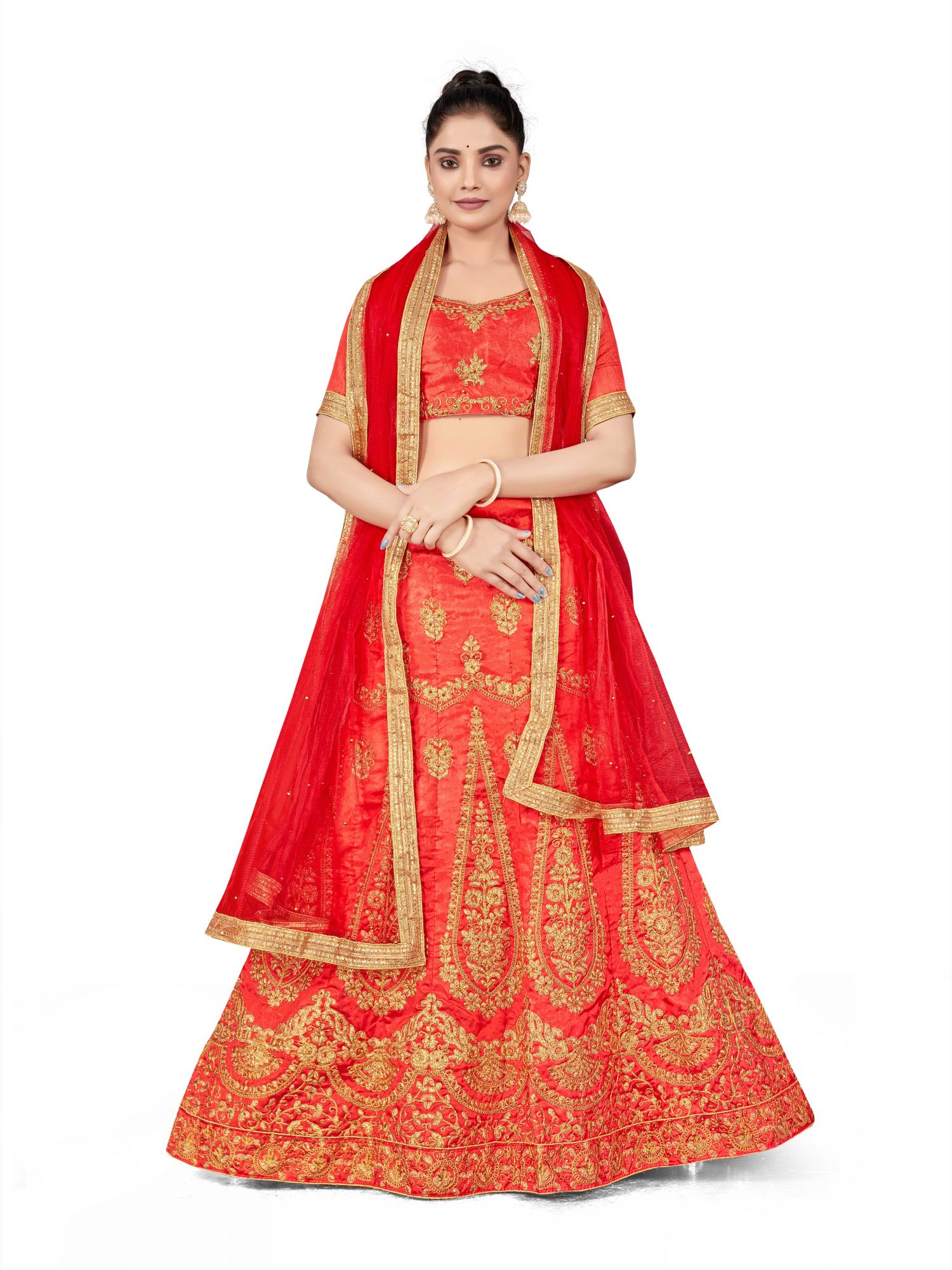 Rust Silk Satin Net Embroidered Festival Wedding Heavy Border Lehenga Choli