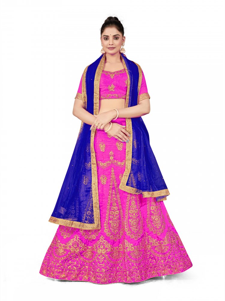 Purple Silk Satin Net Embroidered Festival Wedding Heavy Border Lehenga Choli