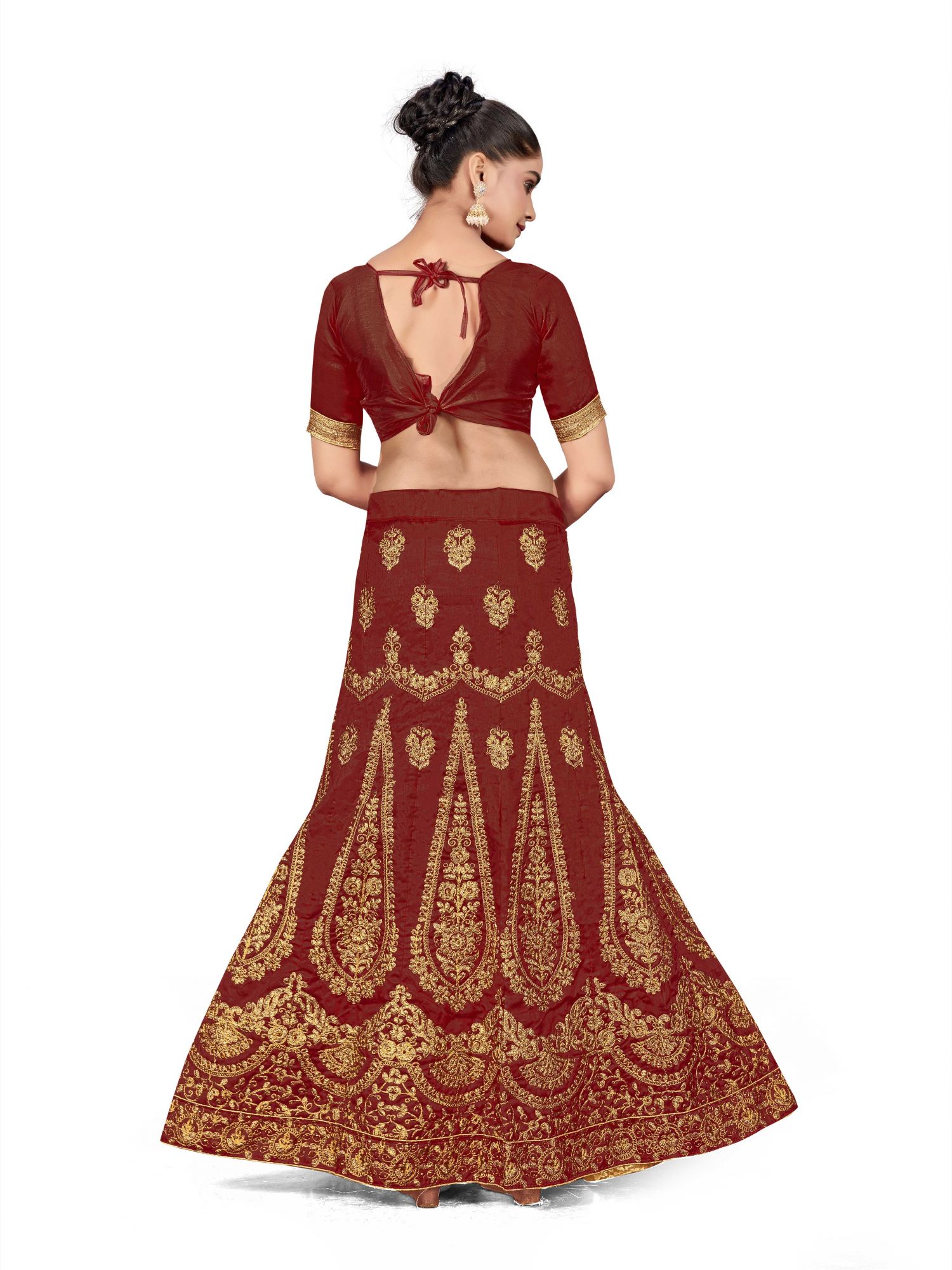 Maroon Silk Satin Net Embroidered Festival Wedding Heavy Border Lehenga Choli