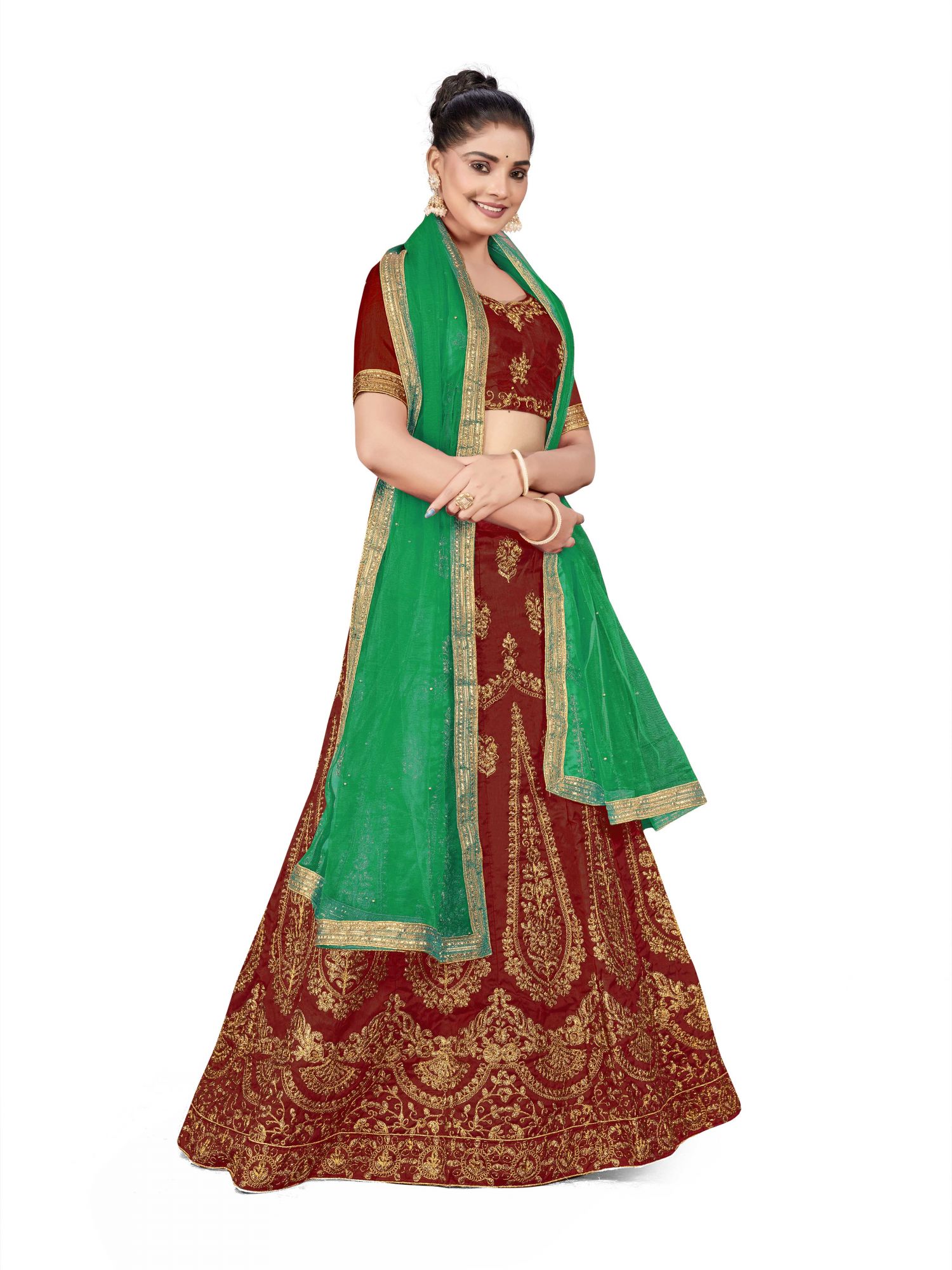 Maroon Silk Satin Net Embroidered Festival Wedding Heavy Border Lehenga Choli