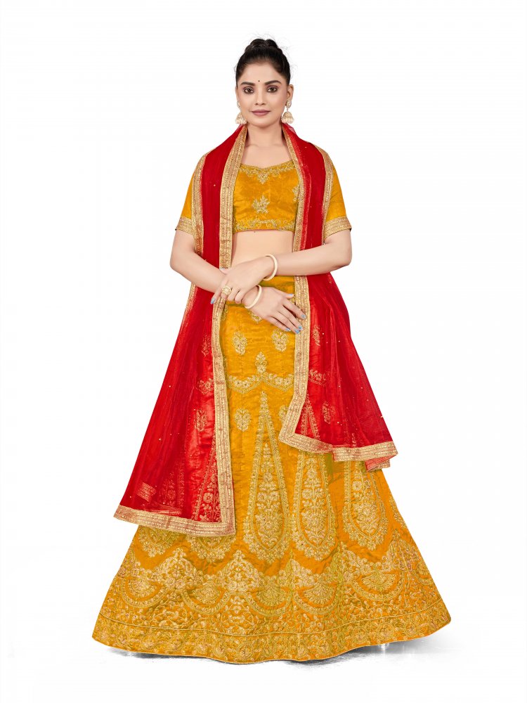 Mustard Silk Satin Net Embroidered Festival Wedding Heavy Border Lehenga Choli