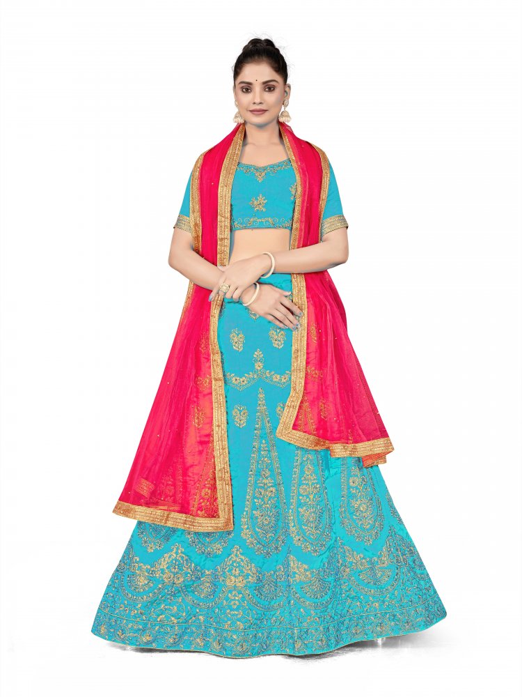 Sky Blue Silk Satin Net Embroidered Festival Wedding Heavy Border Lehenga Choli