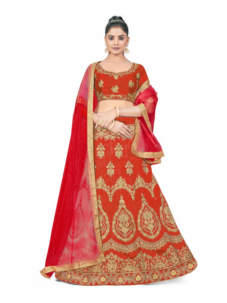 Rust Silk Satin Net Embroidered Festival Wedding Heavy Border Lehenga Choli