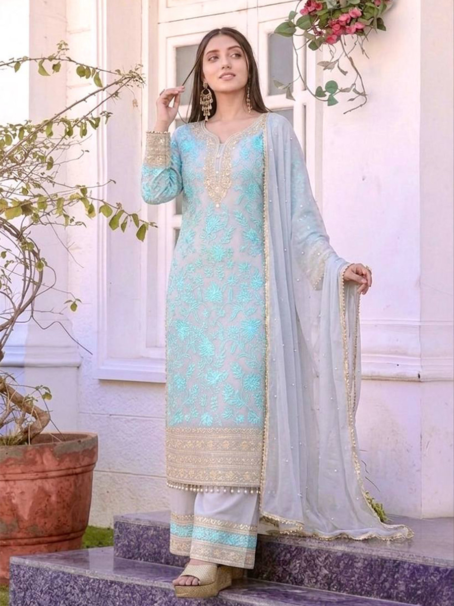 Heavy Faux Georgette Embroidery Pearl Wedding Party Festival Casual Ready Palazzo Pant Salwar Kameez