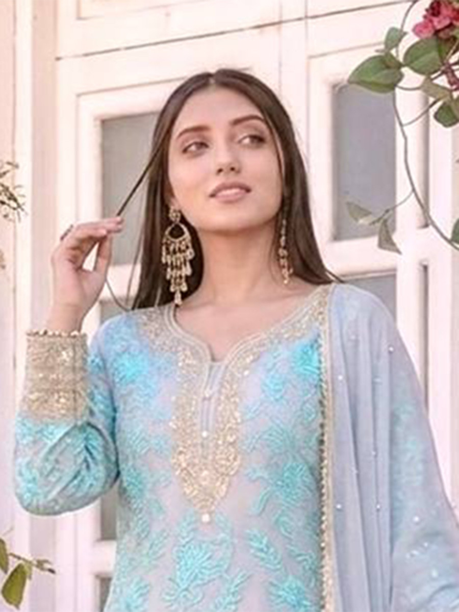 Heavy Faux Georgette Embroidery Pearl Wedding Party Festival Casual Ready Palazzo Pant Salwar Kameez
