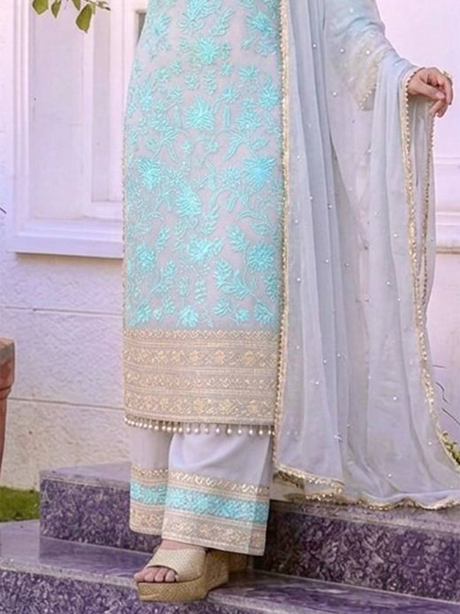 Heavy Faux Georgette Embroidery Pearl Wedding Party Festival Casual Ready Palazzo Pant Salwar Kameez